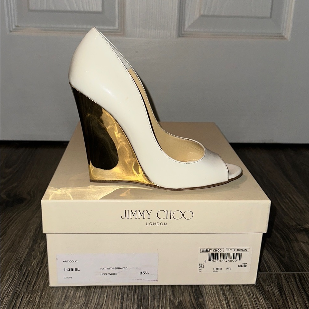 Jimmy Choo Bone and Gold Articolo Wedge Heels